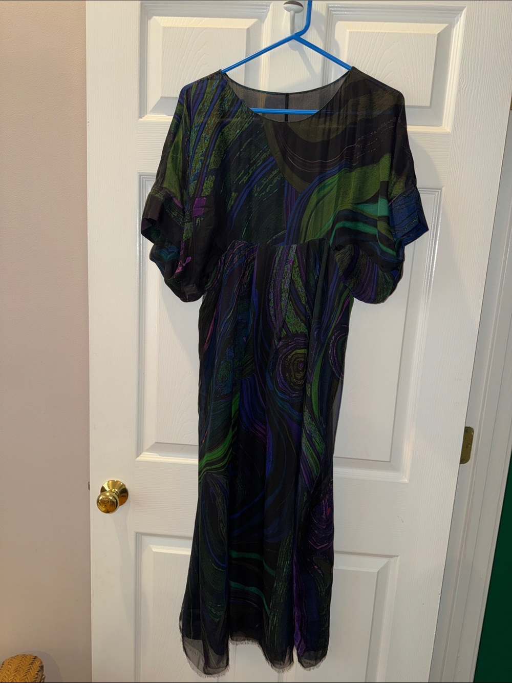 Flowing Black Maxi Dress with Green & Purple Swirl Print